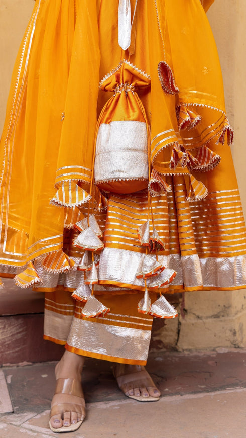 Pomcha Jaipur Amber Orange Taffeta Silk Anarkali Set
